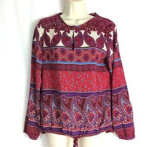 4/$25 Crosby Top Blouse Boho Paisley Tie Gathered‎ Waist Long Sleeve Women's M